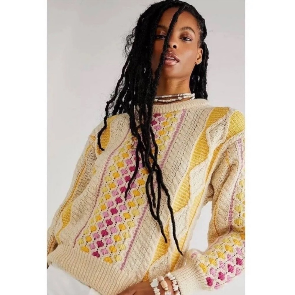 Free People X Mad Brown Knitwear Recycled Sweater/Jumper Cream/Pink/Yellow SZ OS - Picture 4 of 15